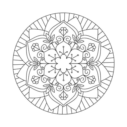 Simple mandala with floral design, large open areas and grid lines.