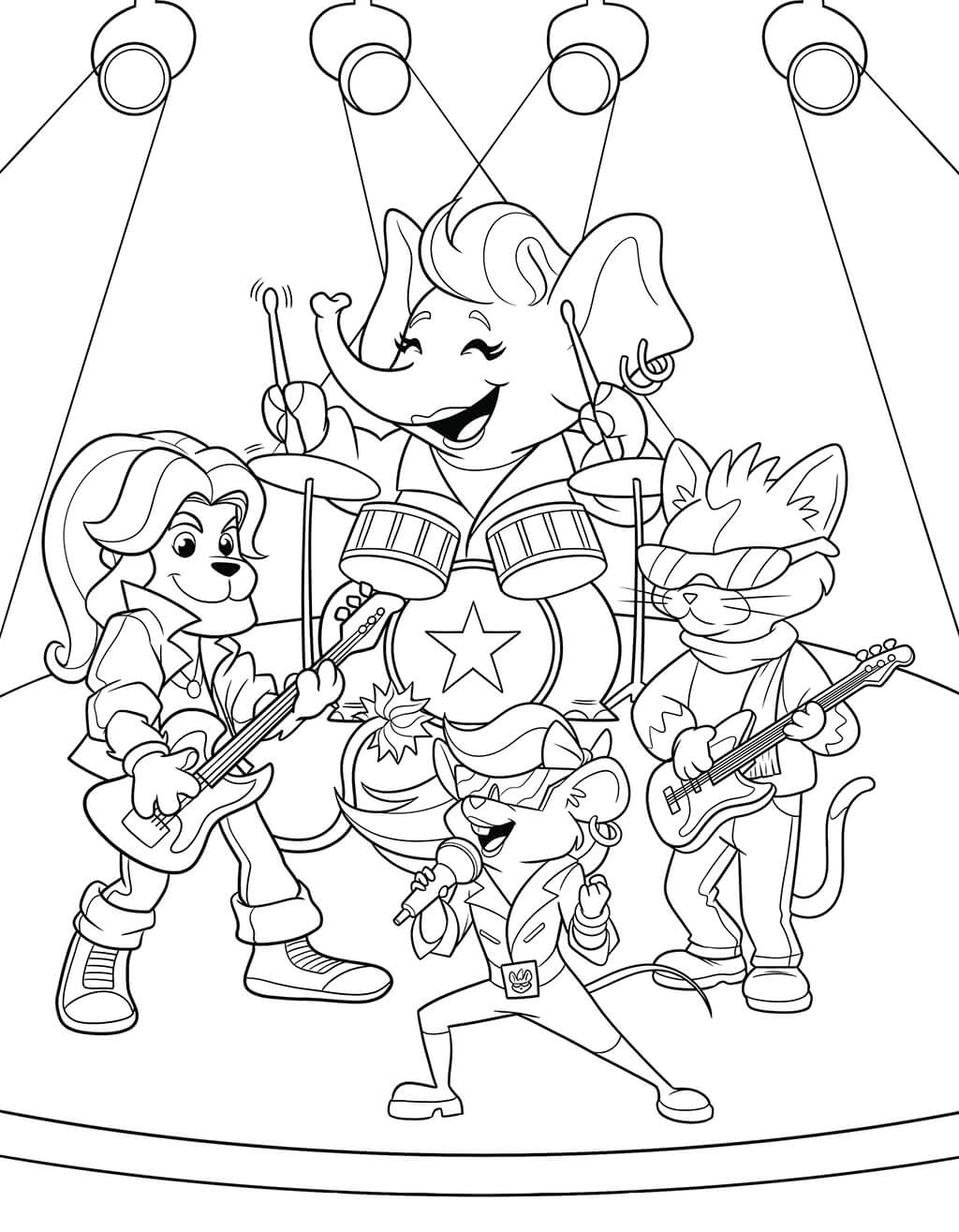 Animals performing music at a concert coloring page