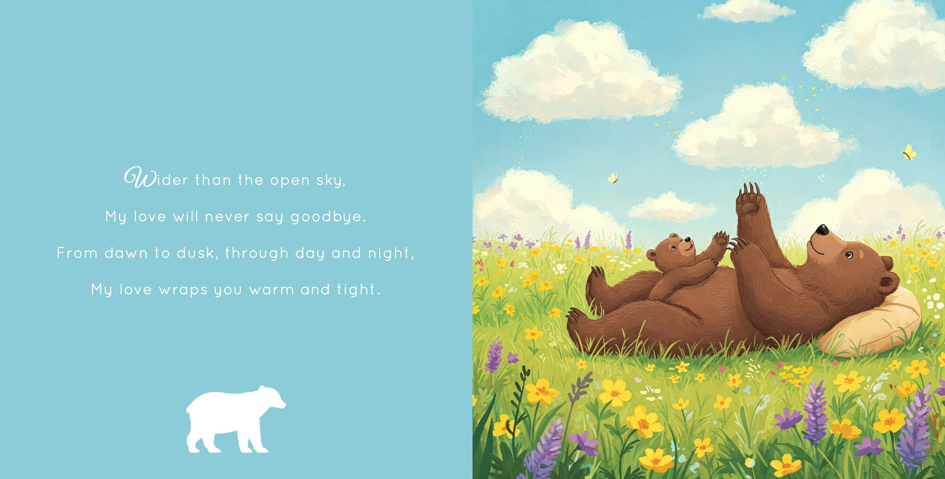 Children's book spread featuring bear mother and cub lying in flowery meadow under blue sky with rhyming verse about endless love.