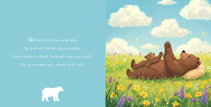 Children's book spread featuring bear mother and cub lying in flowery meadow under blue sky with rhyming verse about endless love.