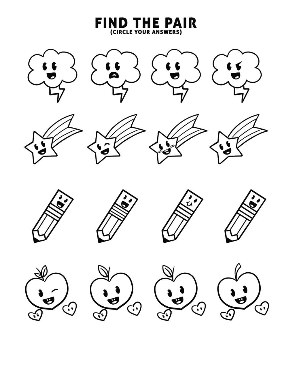 Cute find the pair game for kids with stars, apples, clouds
