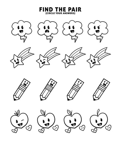Cute find the pair game for kids with stars, apples, clouds