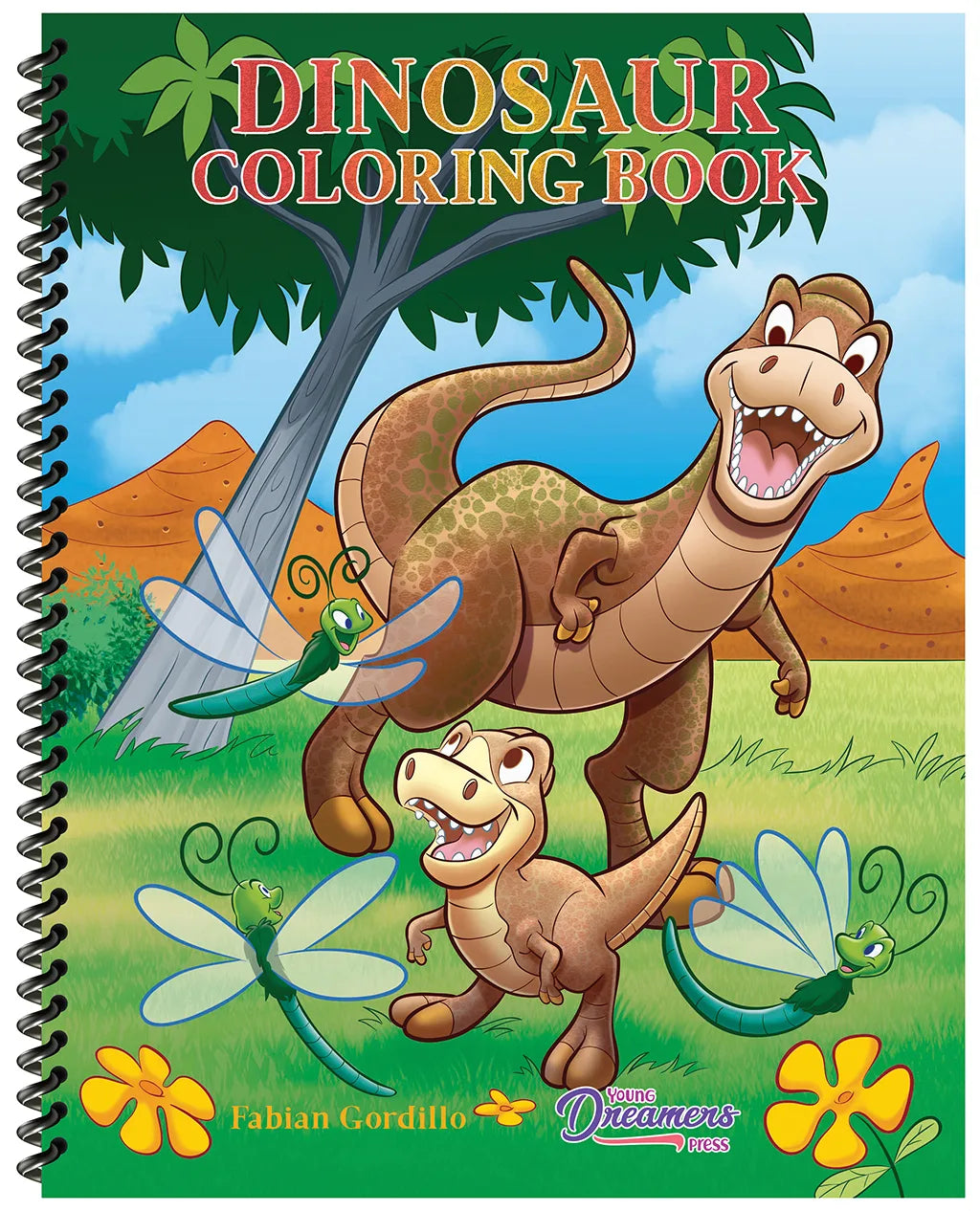 Dinosaur Coloring Book Spiral Edition cover with cartoon dinosaurs