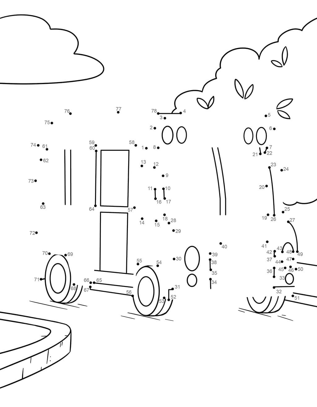Vehicle on roadway dot to dot for kids