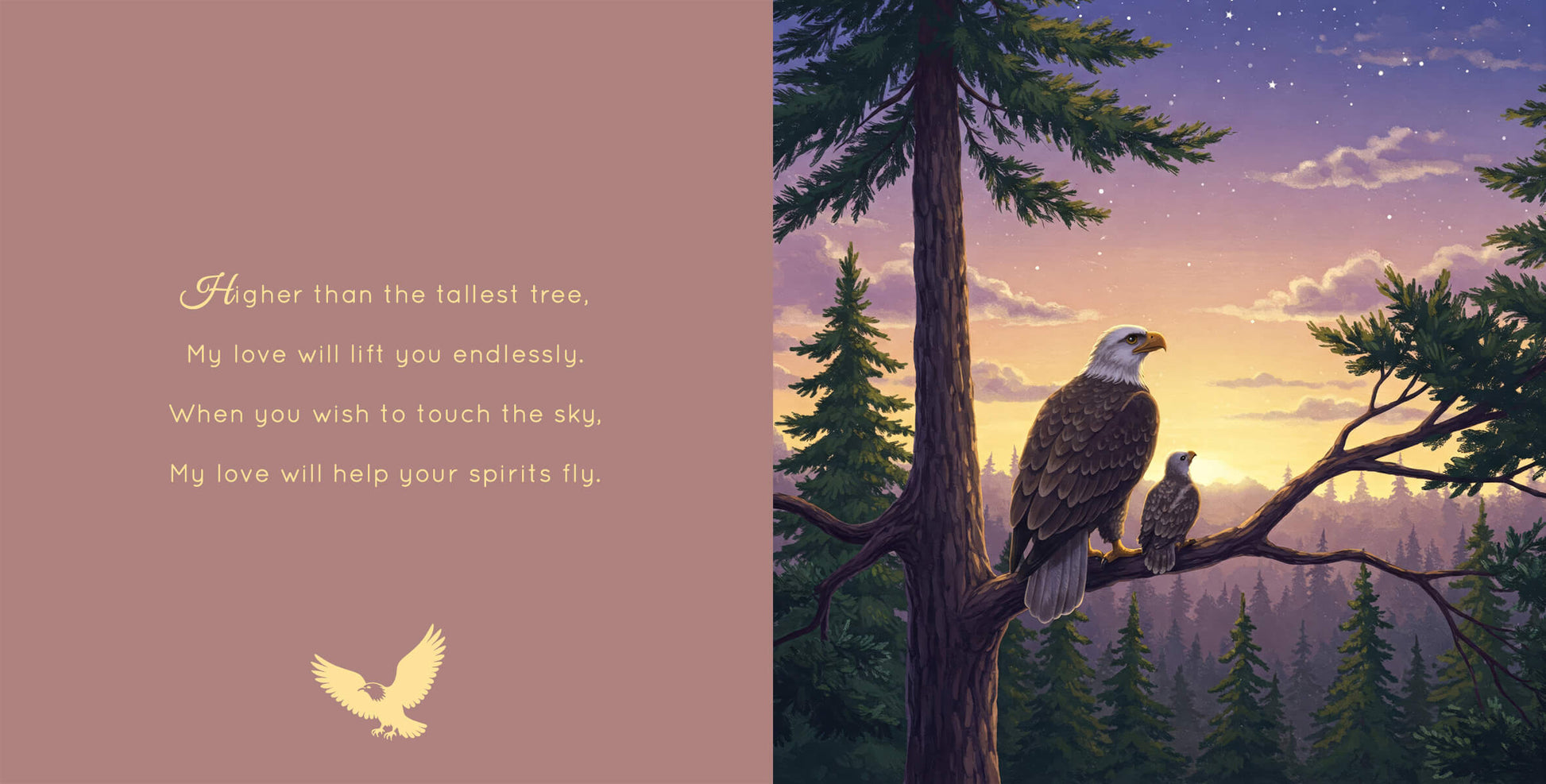 Children's book spread with eagle mother and eaglet on tree branch with forest sunset backdrop and rhyming verse about love.