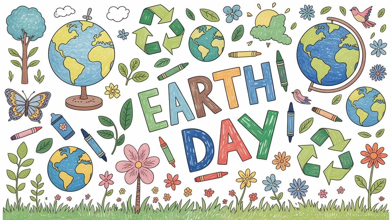Hand-drawn crayon-style Earth Day banner with globes, recycling symbols, trees, flowers, and 'Earth Day' lettering in bright greens and blues