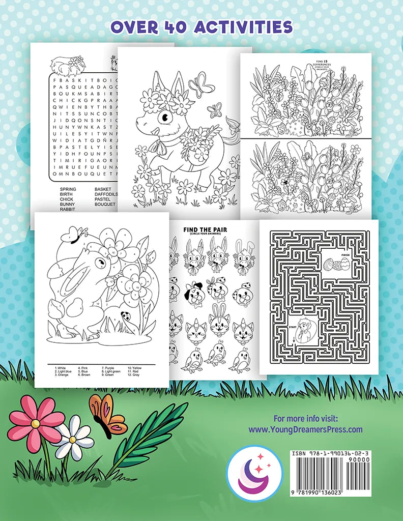 Back cover of Easter Activity Book for Kids showing over 40 activities inside