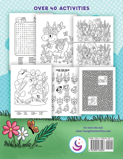 Back cover of Easter Activity Book for Kids showing over 40 activities inside