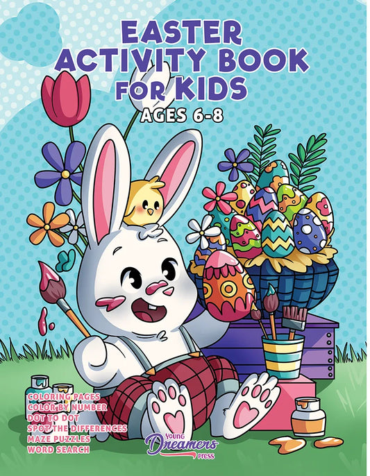 Easter Activity Book for Kids Ages 6–8 front cover with bunny painting Easter eggs