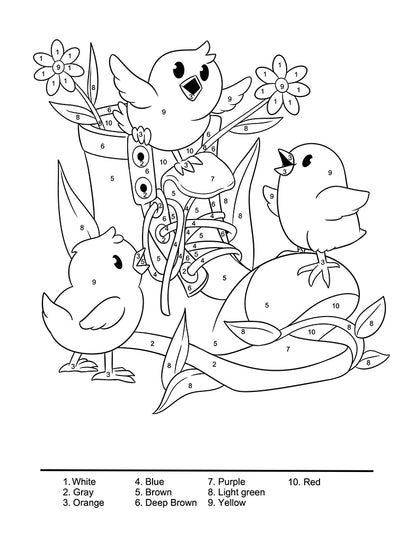 Easter color by number page with spring chicks and boot illustration