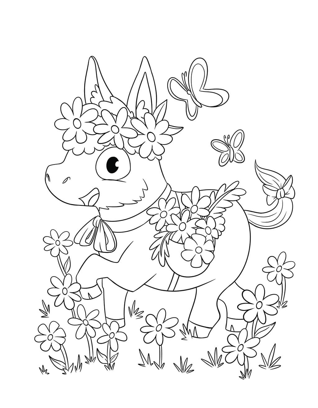 Easter donkey with daisys and butterflies coloring page