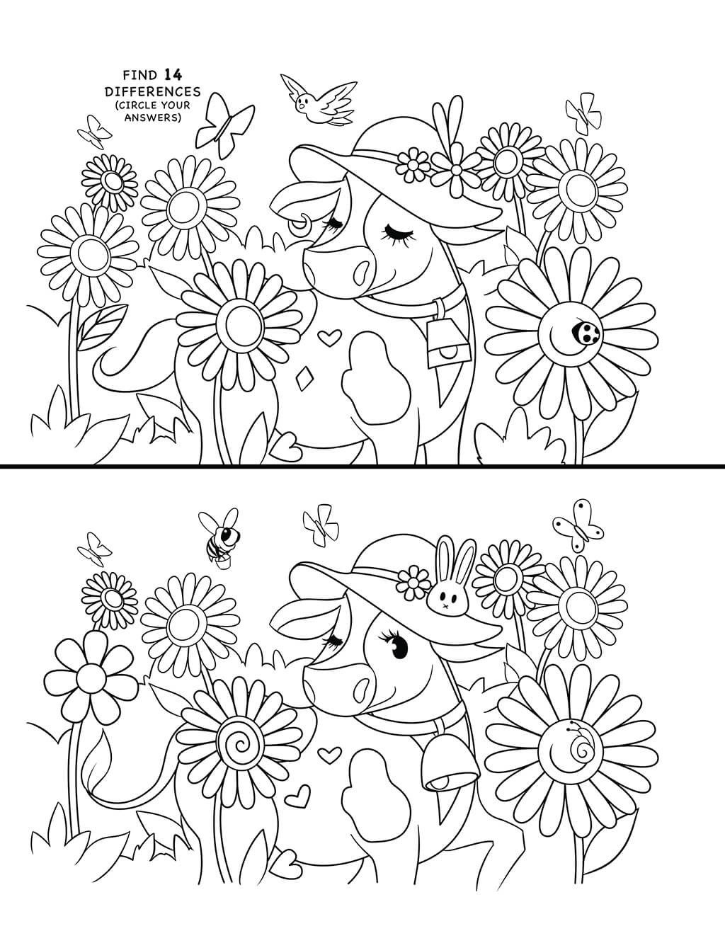 Easter cow and bird amidst floral garden spot the difference puzzle for kids