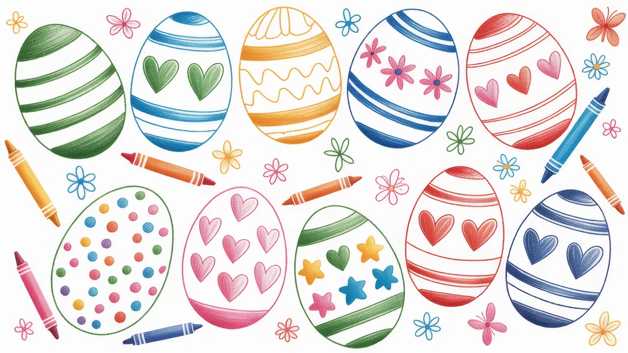 Colorful Easter eggs with various patterns and crayons on a white background