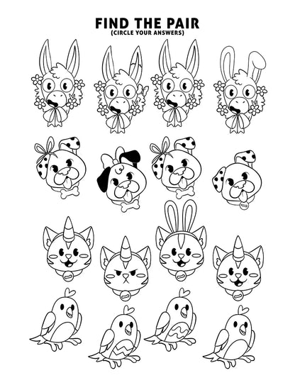 Find the pair Easter activity page with cute animal faces for kids ages 6–8