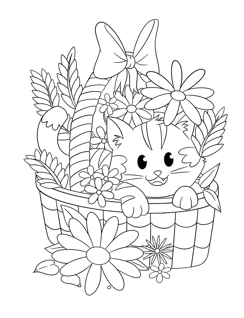 Easter coloring page featuring a cute kitten sitting in a spring flower basket