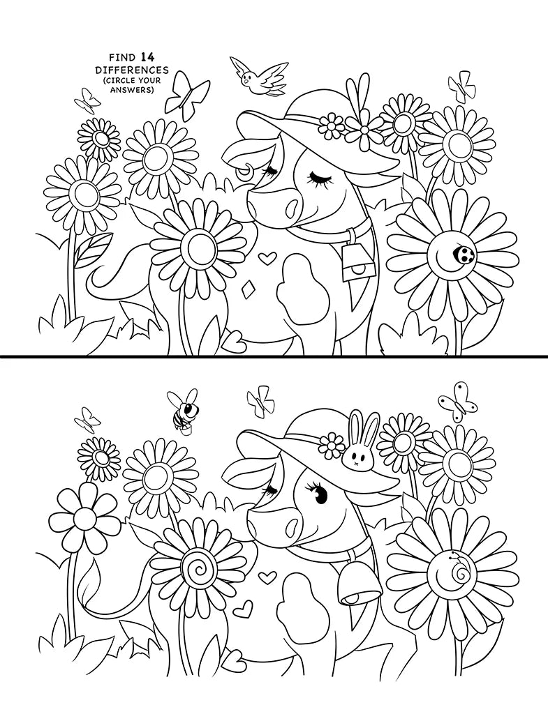 Find 14 differences Easter puzzle — cow in a spring garden scene for kids