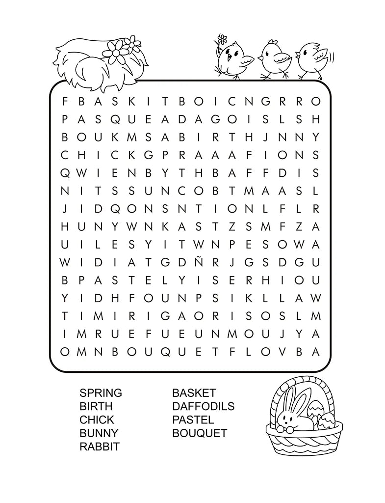 Easter word search puzzle for kids featuring spring vocabulary words like bunny, chick, and daffodils