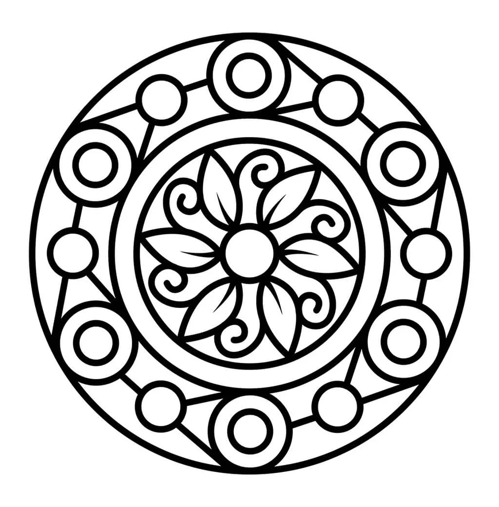Easy mandala coloring page with bold thick lines, circles and a simple flower center