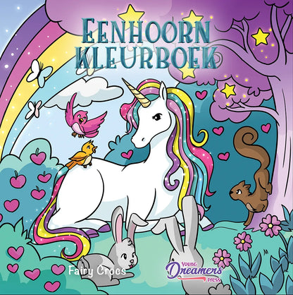 Omslag eenhoorn kleurboek voor kinderen van Young Dreamers Press met regenboog en bosdieren