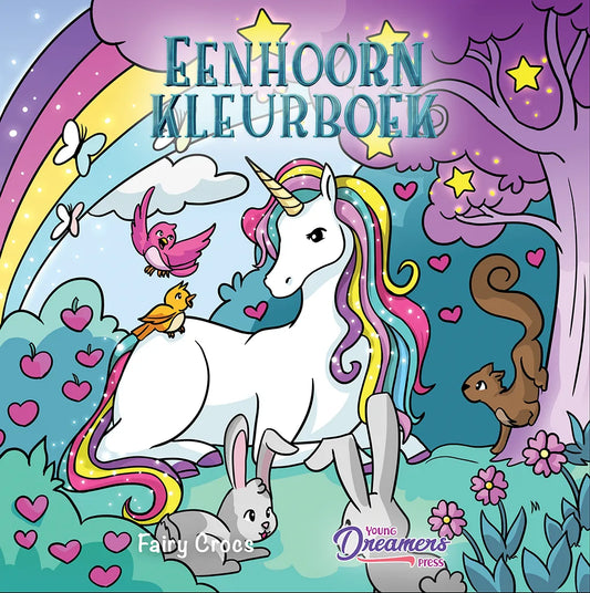 Omslag eenhoorn kleurboek voor kinderen van Young Dreamers Press met regenboog en bosdieren