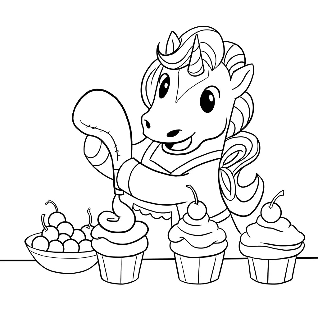 Schattige eenhoorn bakt cupcakes, kleurplaat uit eenhoorn kleurboek voor kinderen
