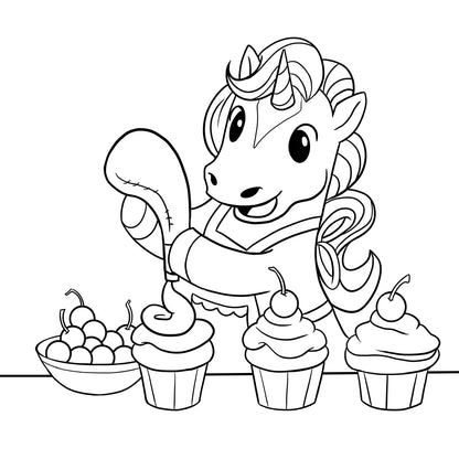 Schattige eenhoorn bakt cupcakes, kleurplaat uit eenhoorn kleurboek voor kinderen