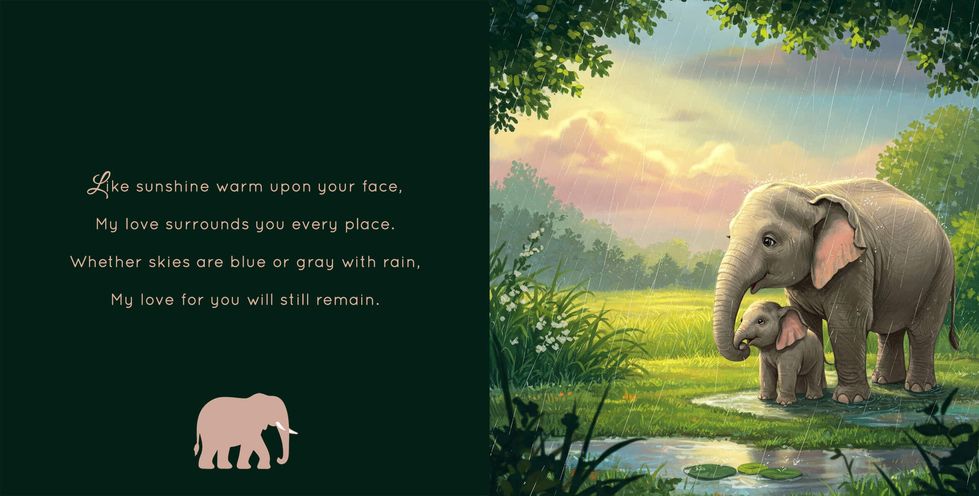 Elephant mother protecting calf in gentle rain with rainbow and rhyming verse about enduring love on green background.