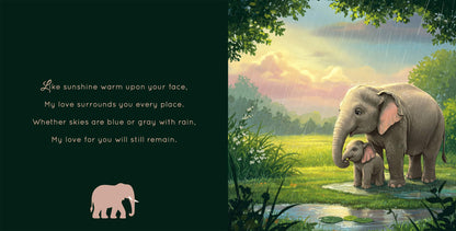 Elephant mother protecting calf in gentle rain with rainbow and rhyming verse about enduring love on green background.