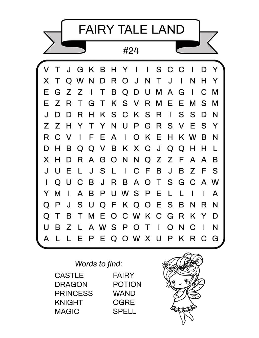 Fairy Tale Land word search puzzle #24 for children ages 6-8 featuring fantasy words like castle, dragon, and magic. Includes adorable fairy illustration for coloring, making learning fun.