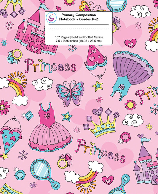 Princess-themed primary journal cover with colorful illustrations on a pink background. Features castles, crowns, dresses, butterflies, rainbows, hearts, and other princess motifs. The cover displays 'Primary Composition Notebook - Grades K-2' and notes '107 Pages | Solid and Dotted Midline' with dimensions of '7.5 x 9.25 inches (19.05 x 23.5 cm)'.