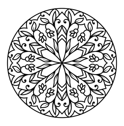 Floral mandala coloring page with flower petals and tulips