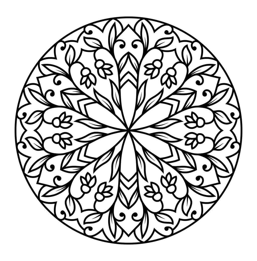 Floral mandala coloring page with flower petals and tulips