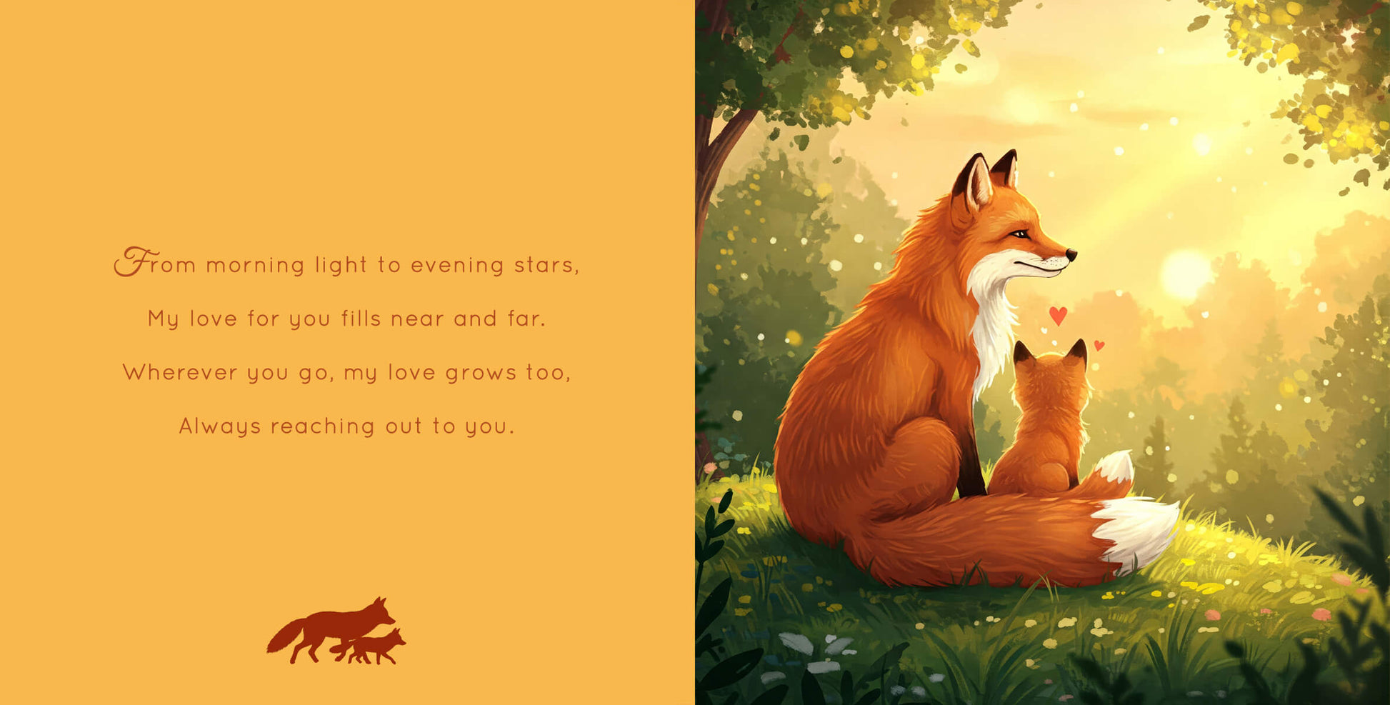 Fox mother and kit sitting together in sunlit meadow with rhyming text about love growing wherever you go.
