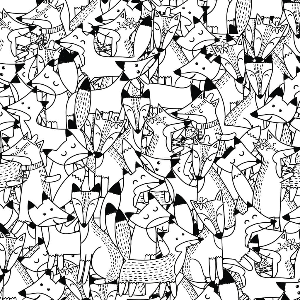 Cute and whimsical foxes pattern in doodle art style kids coloring page