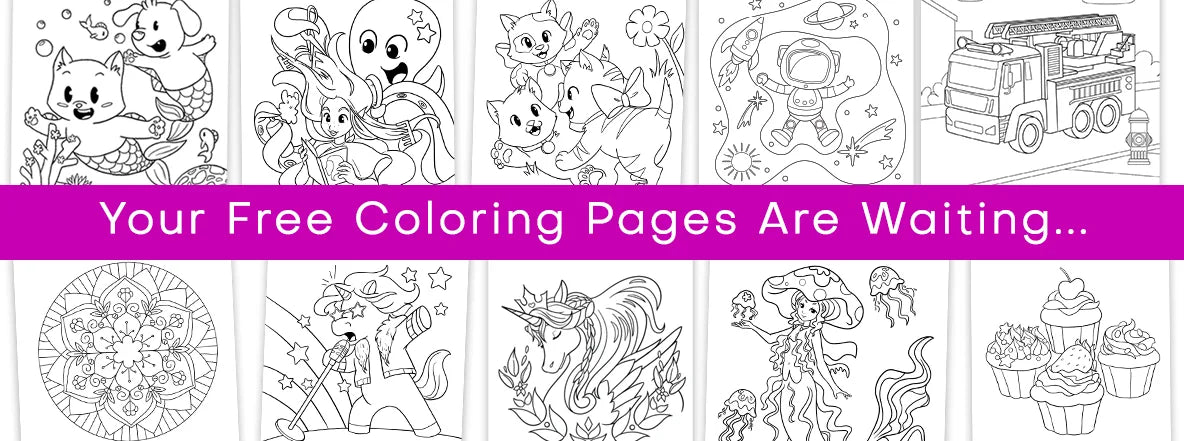 Promotional banner for free coloring pages with various black and white illustrations.