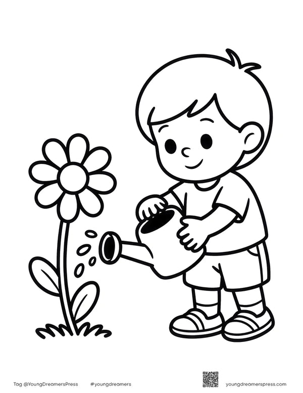 Free printable Free Earth Day Watering Flowers Printable coloring page for kids