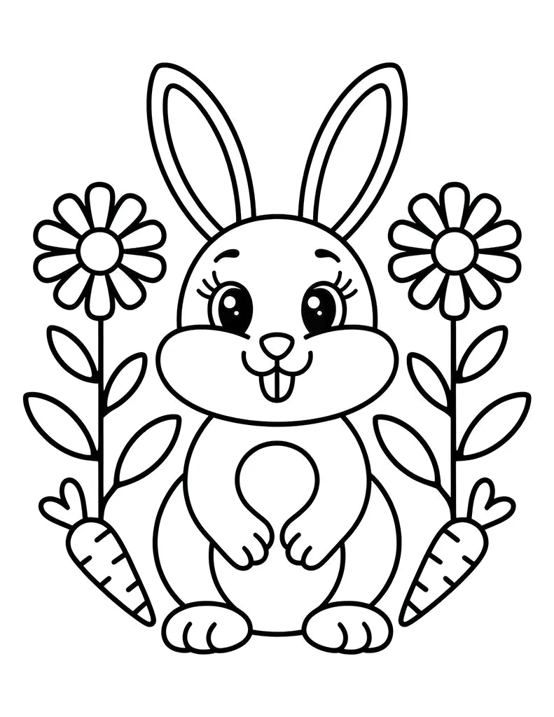 Free Easter coloring page for toddlers featuring a cute bunny with daisy flowers and carrots