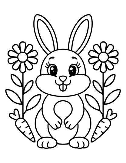 Free Easter coloring page for toddlers featuring a cute bunny with daisy flowers and carrots