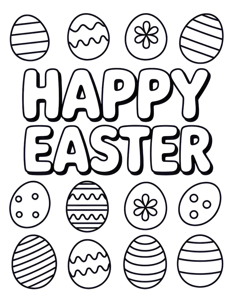 Free Easter coloring page for toddlers with Happy Easter text surrounded by patterned Easter eggs