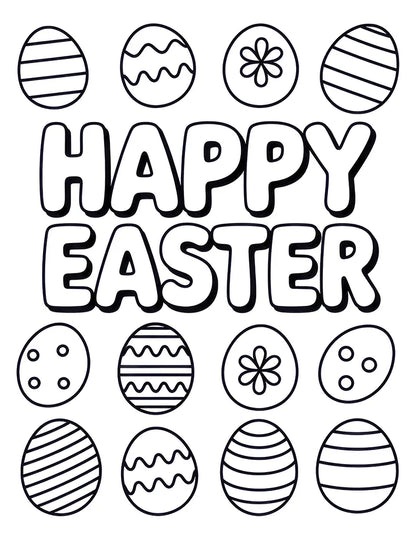 Free Easter coloring page for toddlers with Happy Easter text surrounded by patterned Easter eggs