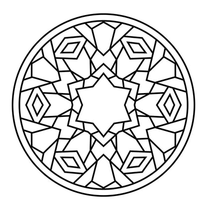 Geometric mandala coloring page with bold diamond shapes around a central star for kids