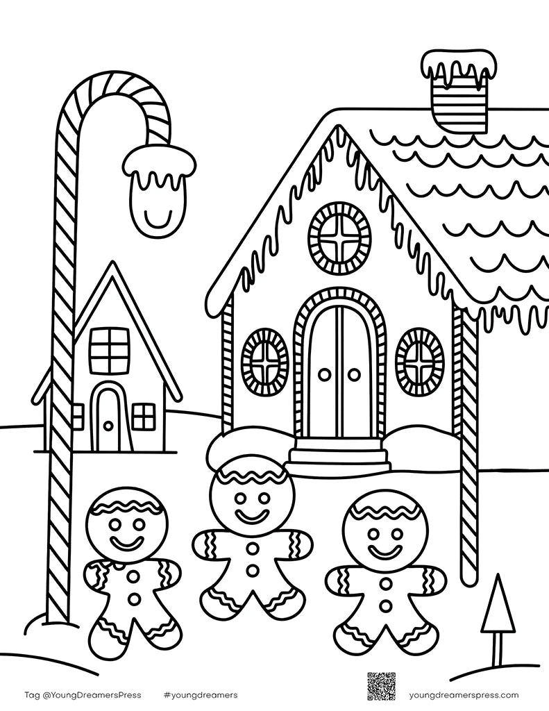 Gingerbread village Christmas coloring page with gingerbread men, a candy house and candy cane lamppost