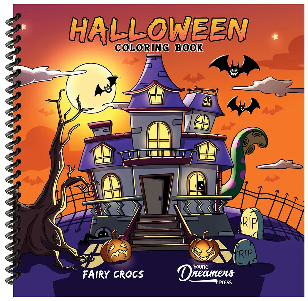 Halloween coloring book with a haunted house and pumpkins on an orange background