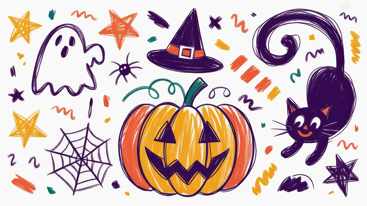 Hand-drawn Halloween illustration featuring a jack-o'-lantern pumpkin, black cat, ghost, witch hat, spider, spiderweb, stars, and confetti doodles on a white background.