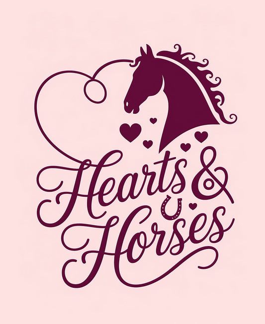 Hearts & Horses composition notebook cover featuring an elegant silhouette of a horse curved to form a partial heart shape. The design incorporates small hearts and horseshoe details in a feminine color palette of pink and purple against a pink background. Flowing script text reads 'Hearts & Horses,' capturing the special bond between horses and those who love them.