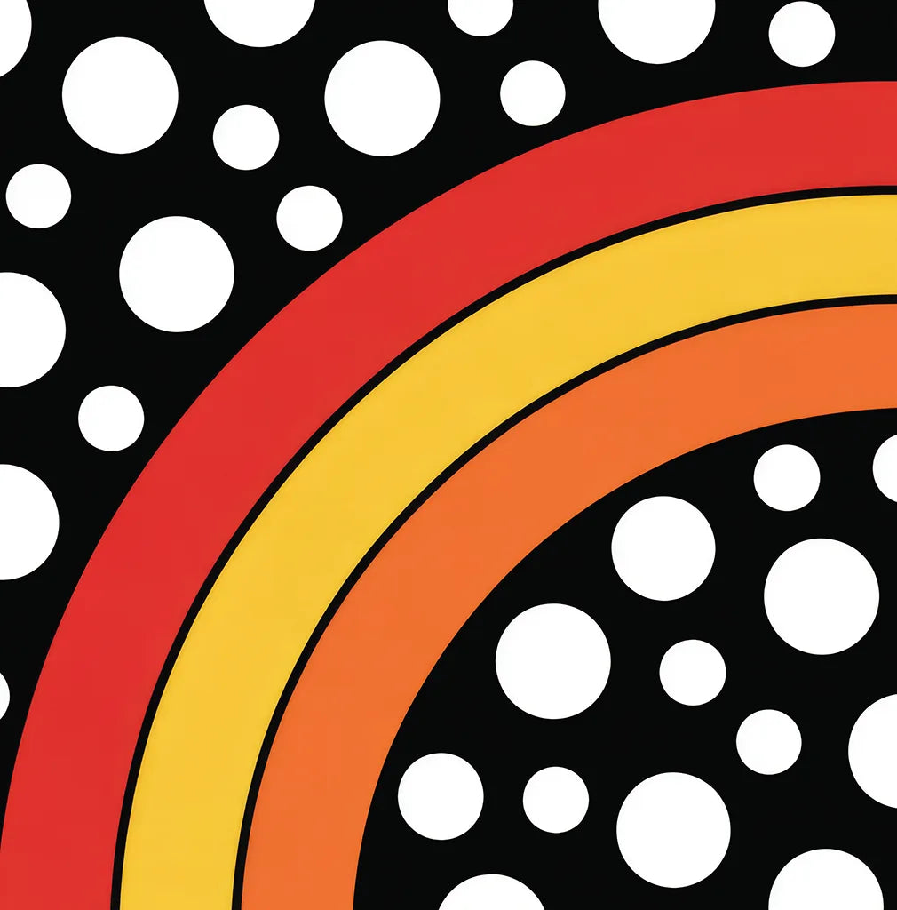 Colorful concentric circles with white polka dots on a black background