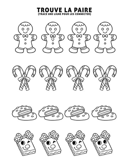Jeu Trouve la paire avec bonshommes en pain d'épices, sucres d'orge et biscuits de Noël