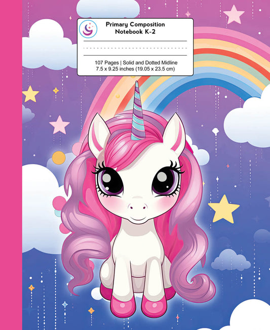 Primary Composition Notebook K-2: Kawaii Unicorn with Rainbow and Stormy Clouds