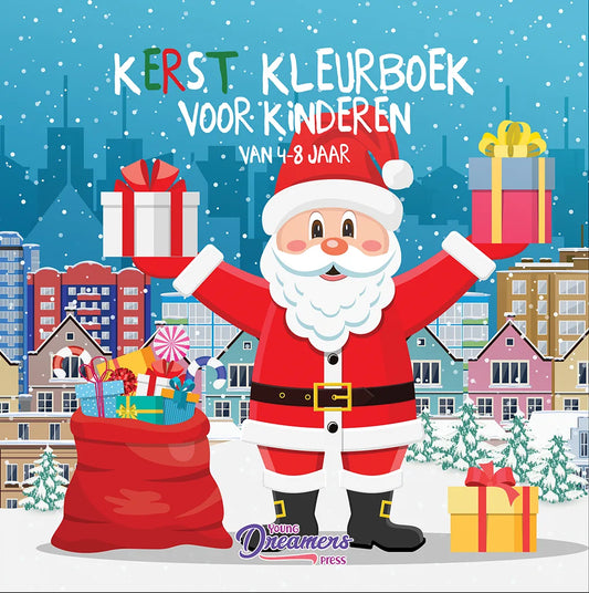 Kerst kleurboek voor kinderen van 4-8 jaar, omslag met kerstman, cadeaus en besneeuwde stad