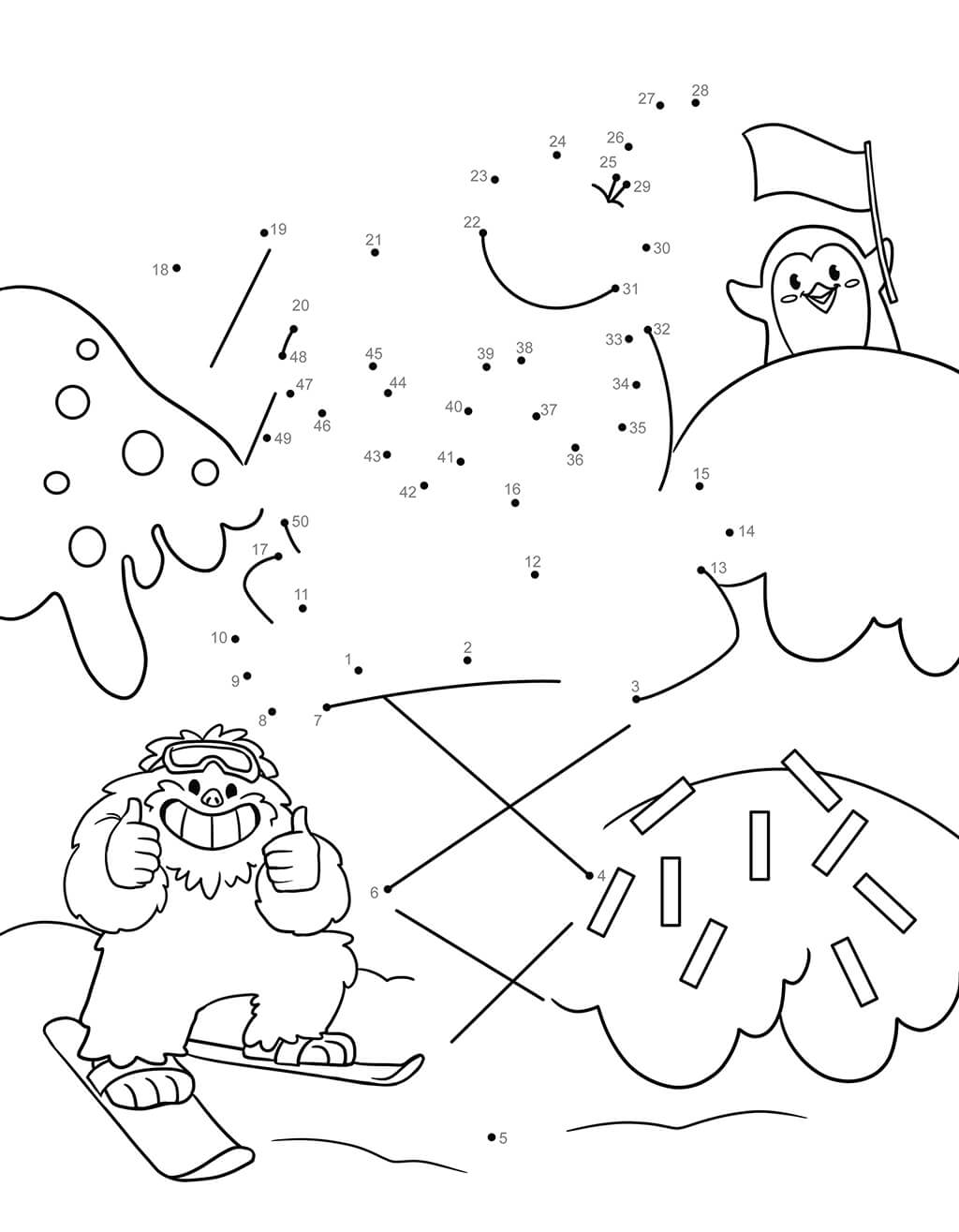 Snow monster and penguin on ski hill dot to dot puzzle